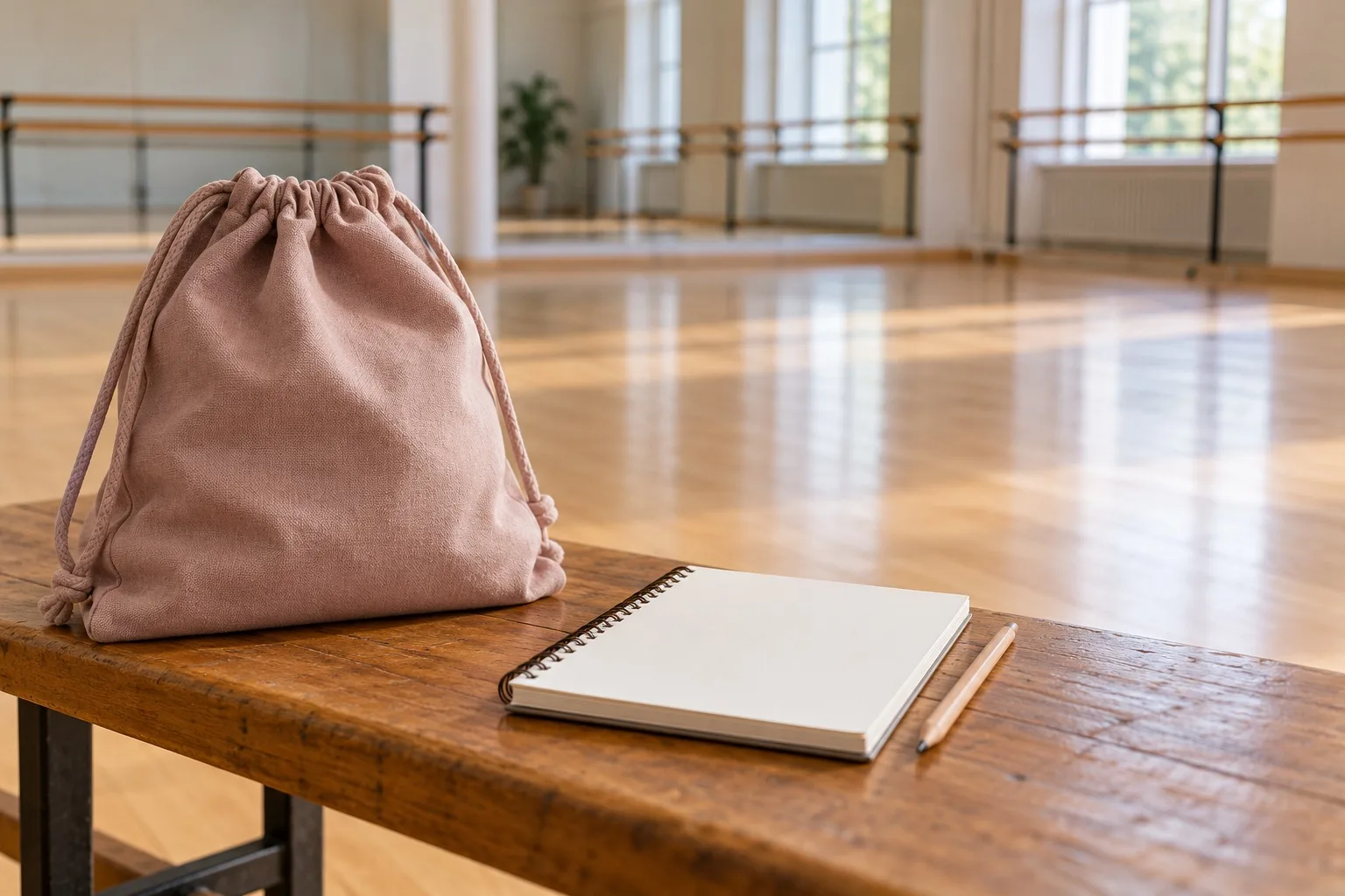 Schlichte Tasche und leeres Notizbuch auf einer Bank vor einem Tanzraum